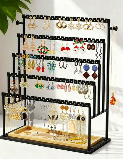 Earring Holder Organizer, 5-Tier Jewelry Display Stand with Matte Black Metal Frame and Wooden Tray, Large Earring Holder for Studs, Hoops, Dangles, Modern Jewelry Organizer for Women