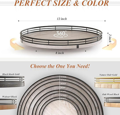 12" Farmhouse Lazy Susan for Kitchen & Coffee Table Decor – Rustic Whitewashed Wood Tray with Black Metal Frame, Decorative Centerpiece for Dining Room, Ottoman, Living Room, Serving or Vanity Use