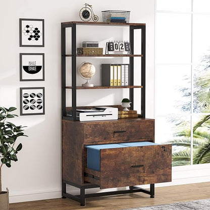 Tribesigns 2 Drawer Vertical File Cabinet with Lock & Bookshelf, Letter Size Large Modern Filing Cabinet Printer Stand with Open Storage Shelves for Home Office, Dark Brown