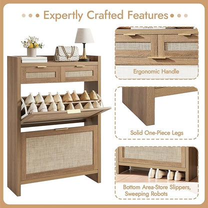 Rattan Shoe Storage Cabinet with 2 Drawers & 2 Flip Drawers – Hidden Slim Shoe Organizer for Entryway, Large Tabletop Space, Farmhouse Boho Narrow Shoe Rack, Rustic Oak