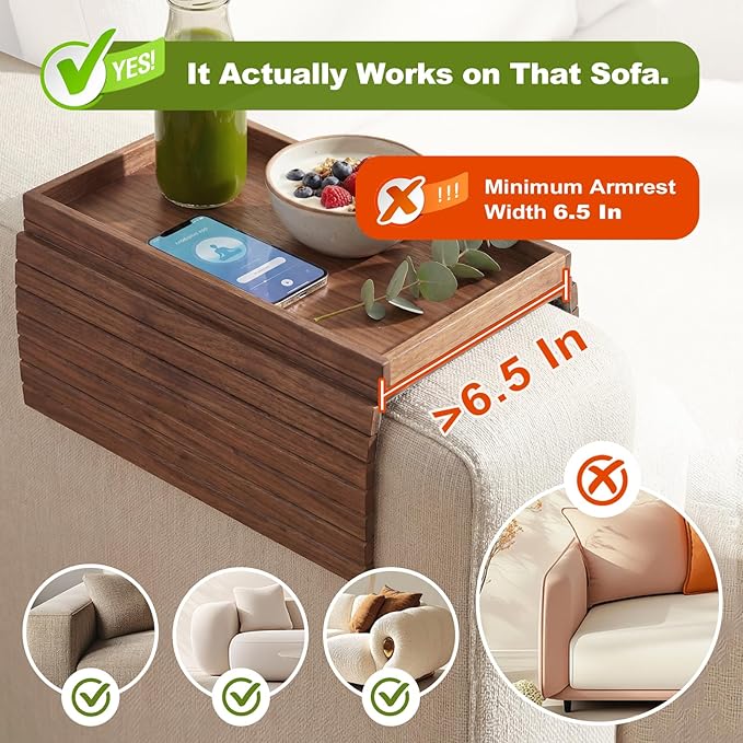 Sofa Arm Tray, Foldable Bamboo Couch Armrest Table with Large 12.5" x 5.8" Storage Compartment, Portable Chair Couch Caddy Arm Tray for Cup TV Snacks Phone