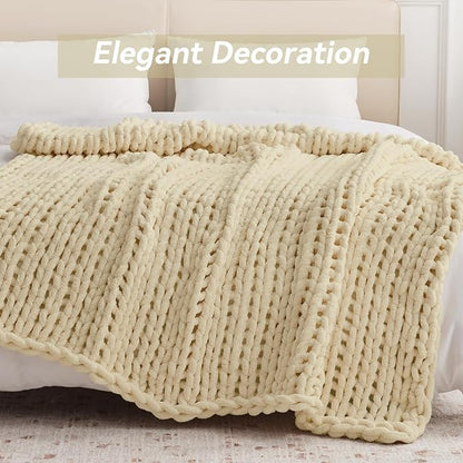 Negwoo Chunky Knit Throw Blanket, 60''*80'' Knitted Throw Chenille Yarn for Bed Couch, Handmade Oatmeal Crochet Big Thick Blanket, Machine Washable Cute Comfy Blanket for Home Decor