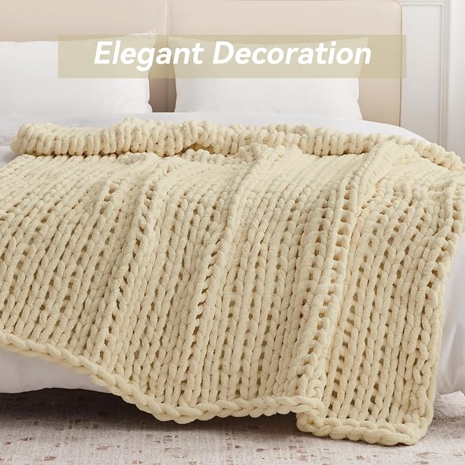 Negwoo Chunky Knit Throw Blanket, 80''*90'' Knitted Throw Chenille Yarn for Bed Couch, Handmade Oatmeal Crochet Big Thick Blanket, Machine Washable Cute Comfy Blanket for Home Decor