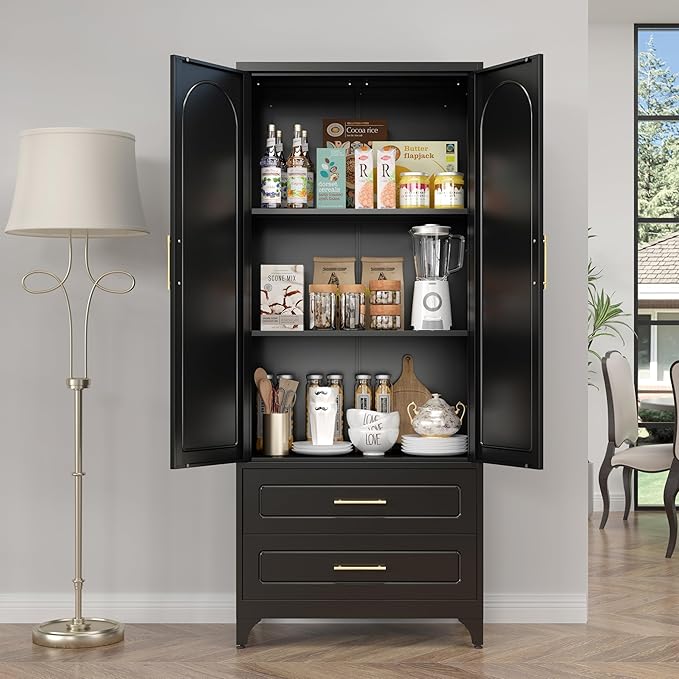 Metal Kitchen Pantry Storage Cabinet with 2 Drawers，75Inch Black Food Pantry Cabinets for Kitchen with 2 Adjustable Shelves，Tall Storage Cupboard for Living Room, Dining Room Office