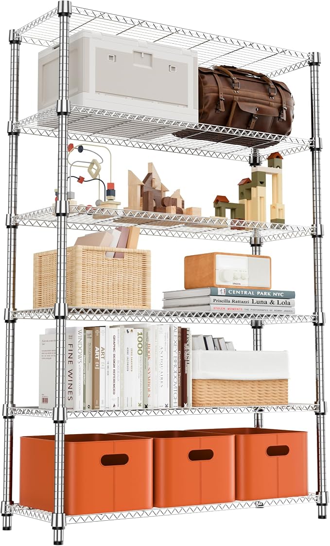 M MZG 2100LBS 47.2" W 6 Tiers Shelf Storage Shelves Metal Shelving Unit Heavy Duty Garage Shelving Adjustable Wire Shelves for Pantry,Kitchen,Garage,Basement,Chrome 17.7" D x 47.2" W x 82.4" H