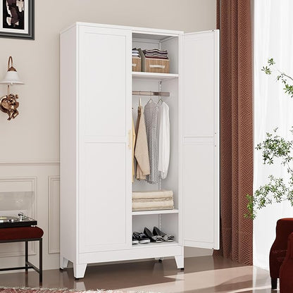 Metal Wardrobe Cabinet with Hanging Rod, 71" Metal Clothing Storage Cabinets with 2 Doors and Adjustable Shelves, White Armoire Wardrobe Closet for Bedroom, Laundry Room, Cloak Room