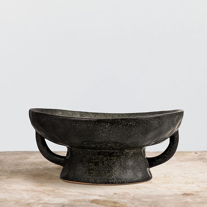 Creative Co-Op Stoneware Footed Pedestal Bowl with Handles, Reactive Glaze, Black