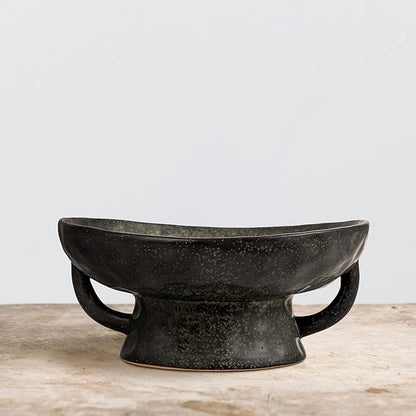 Creative Co-Op Stoneware Footed Pedestal Bowl with Handles, Reactive Glaze, Black