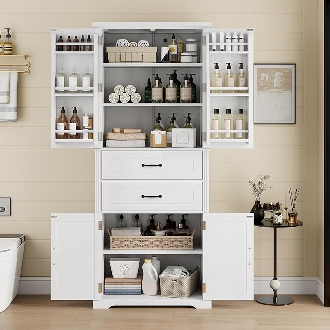 Storage Cabinet,Tall Freestanding Cabinet with Adjustable Shelf | Tall storage cabinet, 4-door design, 5+ shelves, upper door shelves, and 2 pull-out compartments for organized storage