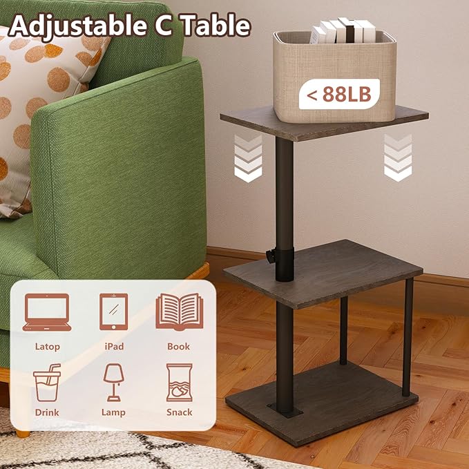 Swivel Side Table for Couch Arm, Height Adjustable C Table for Recliner or Bed, Tv Trays with Storage Shelf for Small Spaces- Small Nightstand Table for Living Room, Bedroom