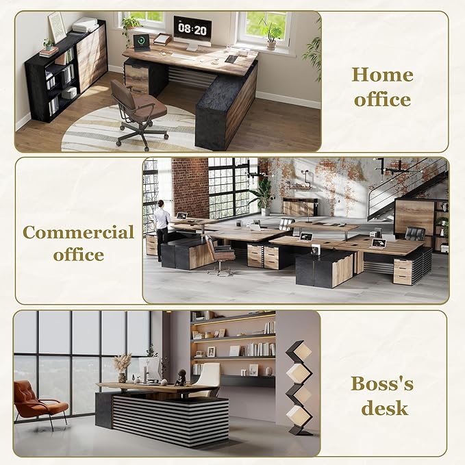 SAINTCY 78.74In L Shaped Executive Standing Desk with Drawers, Large Modern Adjustable Heigh Home Office Desk w/Universal Charging Ports, Business Workstation, Black and Warm Oak