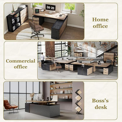 SAINTCY 78.74In L Shaped Executive Standing Desk with Drawers, Large Modern Adjustable Heigh Home Office Desk w/Universal Charging Ports, Business Workstation, Black and Warm Oak