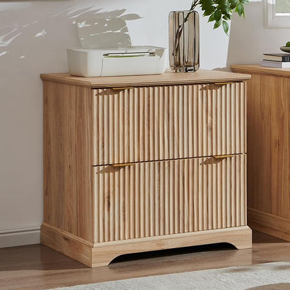JXQTLINGMU 2 Drawer File Cabinet with Charging Station, 30" Fluted Lateral File Cabinet w/Files Hanging Rod for Letter/Legal/A4, Large Tabletop for Printer, Office Wood Printer Cabinets, Oak