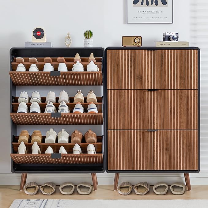47" Fluted Shoe Cabinet with 3 Flip Drawers, Slim Freestanding Hidden Shoe Cabinet Organizer, Narrow Shoes Storage Rack for Entryway(Walnut with Black, 3 Drawers)