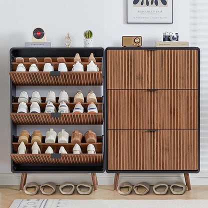 47" Fluted Shoe Cabinet with 3 Flip Drawers, Slim Freestanding Hidden Shoe Cabinet Organizer, Narrow Shoes Storage Rack for Entryway(Walnut with Black, 3 Drawers)