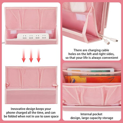 Bedside Caddy Bedside Storage Organizer Bedside Organizer with Power Strip Holder and 2 Adjustable Straps for Home Bunk Bed College Dorm Sofa (2 Pack Pink)