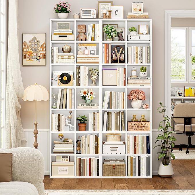 FOTOSOK 71'' Tall Bookshelf Set of 2, 7 Tier Large White Bookshelf with Adjustable Shelves, Wide Bookcases and Bookshelf, DVD/CD Media Tower Storage, Cube Book Shelf Display Shelf Cabinet, White