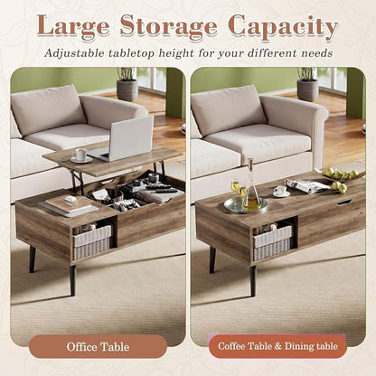 Sweetcrispy Coffee Table Lift Top Coffee Tables for Living Room,Small Rising Wooden Center Tables with Storage Shelf and Hidden Compartment, Grey