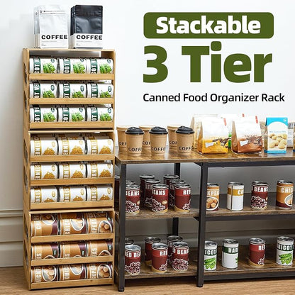 Aminigram Soup Can Organizer for Pantry, 4 Tier Pantry Can Organizers and Storage, Rolling Bamboo Canned Food Storage for Countertop Kitchen Cabinet