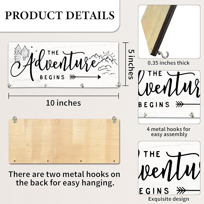 The Adventure Begins Wooden Key Holder for Wall - 5"x10" Key Organizer Hanger with 4 Hooks for Home Front Door Hallway Entryway Kitchen - Home Office Decor & Housewarming Gifts Supplies - A02