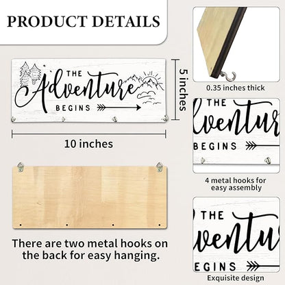 The Adventure Begins Wooden Key Holder for Wall - 5"x10" Key Organizer Hanger with 4 Hooks for Home Front Door Hallway Entryway Kitchen - Home Office Decor & Housewarming Gifts Supplies - A02