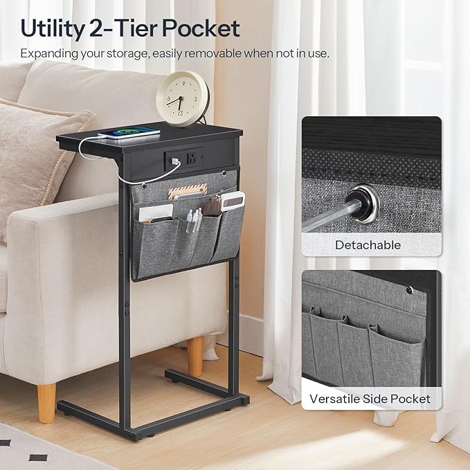 HOOBRO C Shaped End Table with Charging Station, 28" Tall Couch Table for Couch and Recliner for Small Spaces, Slide Under Sofa Table TV Tray with Storage Bag for Living Room, Black BB70USF01