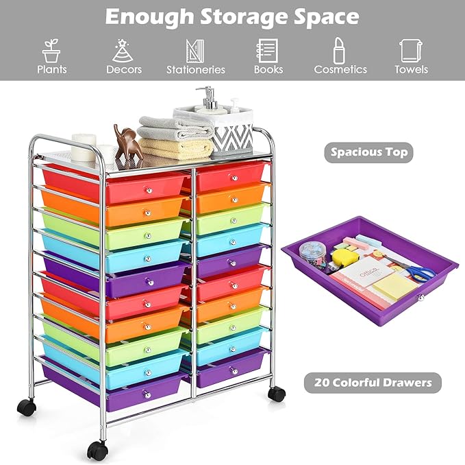 GOFLAME 20-Drawer Rolling Storage Cart, Multifunctional Art Craft Organizer Cart, Mobile Utility Storage Cart with Removable Drawers & Lockable Wheels, Craft Cart for Home Office School, Multicolored