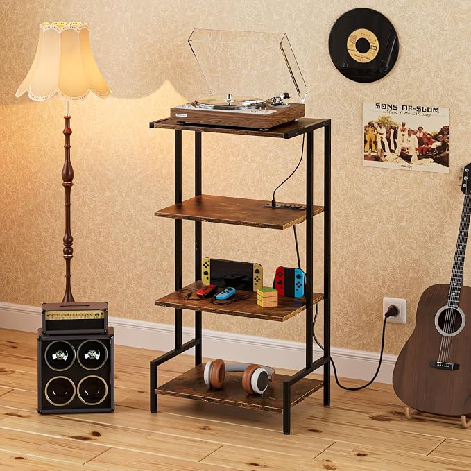 Arbuxzuy 4-Tier AV Media Stand with Power Outlet and LED Lights,Wooden Stereo Stand Cabinet,Game Console Shelf for Small Space,Audio Rack Stand Tower Ideal for Video DVD Players,Xbox