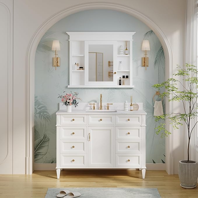 WELLFOR40 x 32" Bathroom Medicine Cabinet with 3-Tier Adjustable Shelves, Recessed Solid Wood Medicine Cabinet with Mirrors, Wood Miiror Cabinet with 1 Soft-Close Door and Open/Built-in 7 Shelves