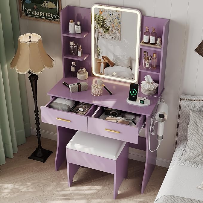 Small Vanity Desk with Mirror and Lights, Makeup Vanity with LED Lights, Purple Vanity Mirror with Lighted Desk and Chair, 3 Lighting Adjustable Compact Dressing Table with Mirror for Women, Girls