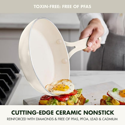 GreenPan Nova 10-Piece Nonstick Cookware Set, PFAS-Free Ceramic Pots & Pans with Silicone Cooking Utensils, Durable Fast Heating, Induction Ready, Oven Safe to 600°F, Dishwasher Safe, Cream White
