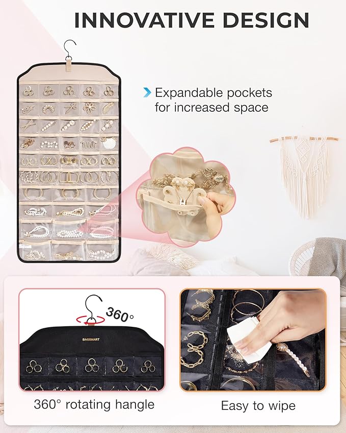 BAGSMART Hanging Jewelry Organizer, 68 Pocket Earring Holder for Wall, Extra Large Jewelry Storage, Black, 1 Piece