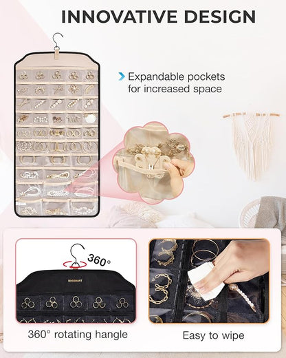 BAGSMART Hanging Jewelry Organizer, 68 Pocket Earring Holder for Wall, Extra Large Jewelry Storage, Black, 1 Piece