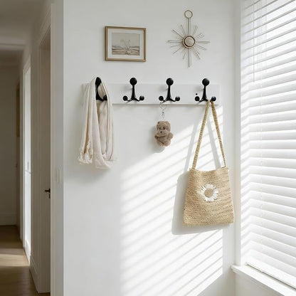 SKOLOO 24-Inch White Wood Coat Rack Wall Mount with 4 Triple Hooks - Ideal for Family Entrances, Classrooms, and Pet Supplies Storage - Perfect Coat Hooks for Wall