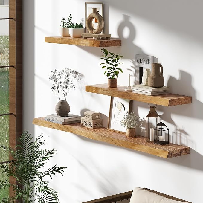 Dreamland 72 inch Floating Shelves for Wall Solid Elm Wood Live Edge Wall Mounted Shelves|Rustic Long Floating Shelves with Invisible Bracket for Bathroom Living Room Kitchen|Natural, 1 Pack