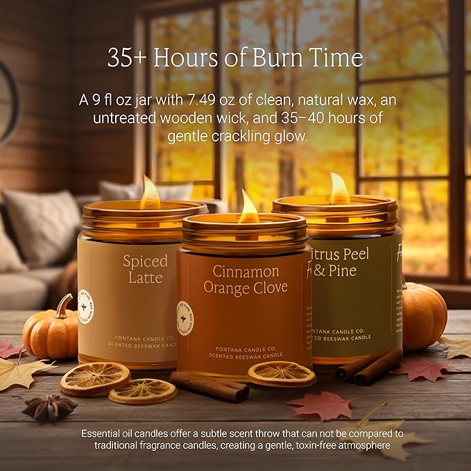 Fontana Candle Co Wood Wick Beeswax Jar Candles - 3-Jar Fall Bundle - Made with Coconut Oil & Pure Essential Oils – Clean Burn, Long Lasting and Non-Toxic Candles for Home & Room Decor