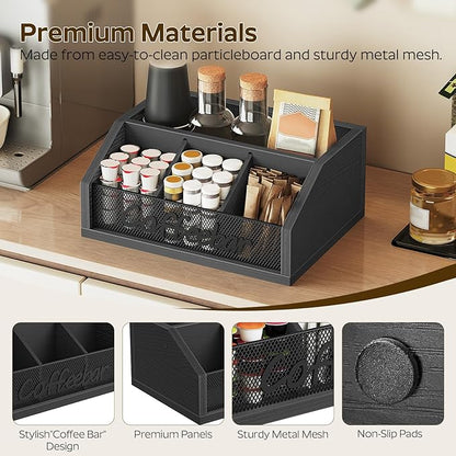 YATINEY Coffee Bar Organizer, Wooden Coffee Pod Organizer for Countertop, Versatile Pod Holder with Dividers, Holds Syrup, Cups, Tea Bags, Easy Assembly, Black KH11BB