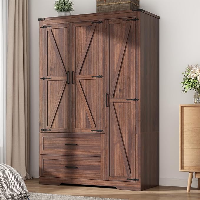3 Doors Wardrobe Armoire Closet with Doors and Drawers, Farmhouse Wooden Armoire Storage Cabinet with Shelves & Hanging Rod for Bedroom, Brown