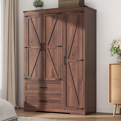 3 Doors Wardrobe Armoire Closet with Doors and Drawers, Farmhouse Wooden Armoire Storage Cabinet with Shelves & Hanging Rod for Bedroom, Brown