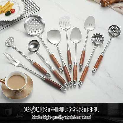 18/10 Stainless Steel Kitchen Utensils Set with Wood Handle Metal Cooking Utensils Set 10 Piece - Spatula, Spoon, Ladle, Skimmer, Slotted Turners, Pasta,Turner, Ladl, Fork