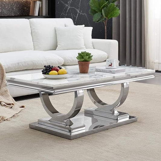 1 Piece Living Room Coffee Table Luxury Faux Marble Center Table, Modern White Silver Coffee Table with Double O Shape Stainless Steel Pedestal Base, 1 Table Only