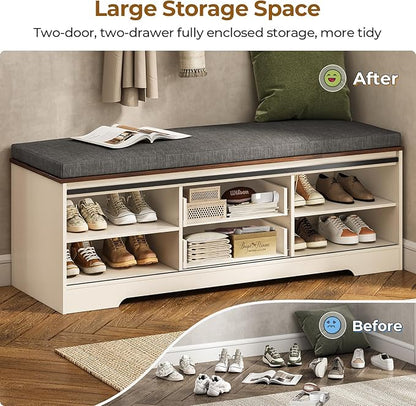 60“ Farmhouse Storage Bench with Cushion, Shoe Rack with Slide Barn Doors, Adjustable Shelf and 2 Drawer for Entry, Bedroom, Closet, Living Room, Hallway (White Brown, 60 in)