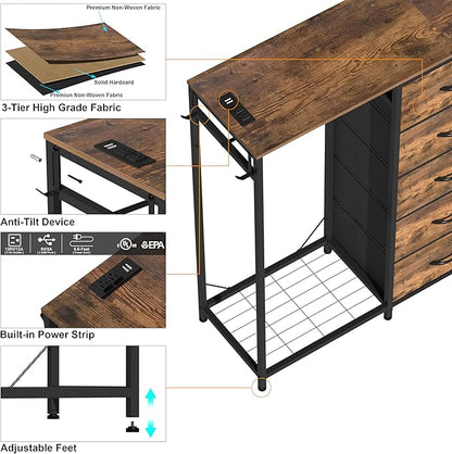 Dresser for Bedroom with Clothes Rack 5 Drawer Dresser with Charging Station LED Lights White Chest of Drawers Flexible Shelf and Open Storage Space for Bedroom Living Room (Brown)