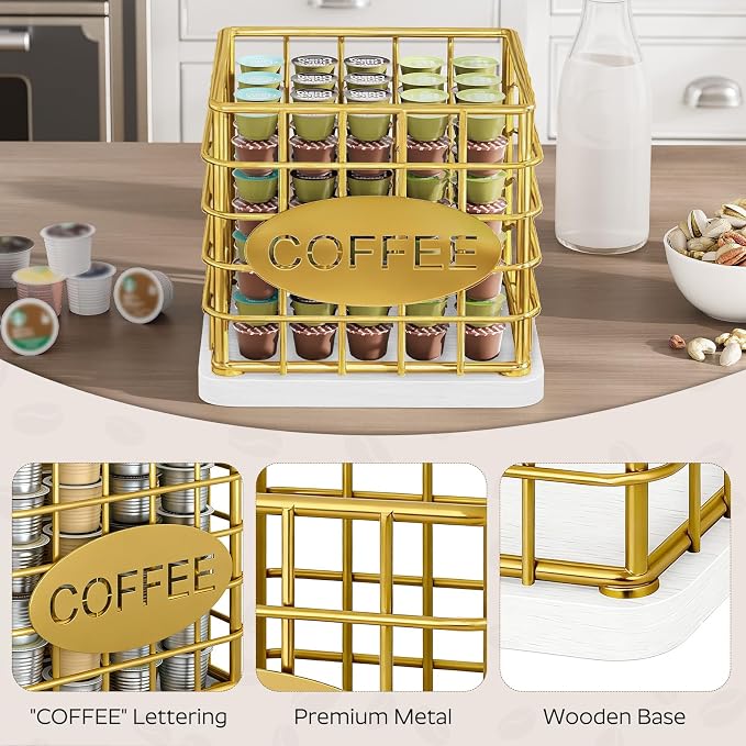 YATINEY Coffee Pod Holder for K Cup, Large Capacity Coffee Pod Organizer, Versatile Coffee Capsule Storage Basket with Wooden Base, Gold and White KH10DW