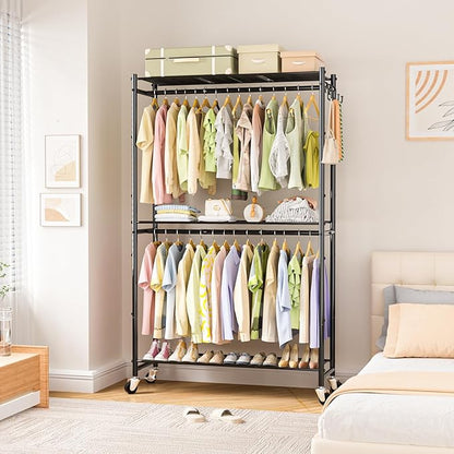 Rolling Clothes Rack for Hanging Clothes, 47.2"x 11.8"x 79" Large Capacity Garment Rack with Double Rods & 3 Wire Shelves, Portable Closet with Wheels for Bedroom, Laundry, Balcony (Black)