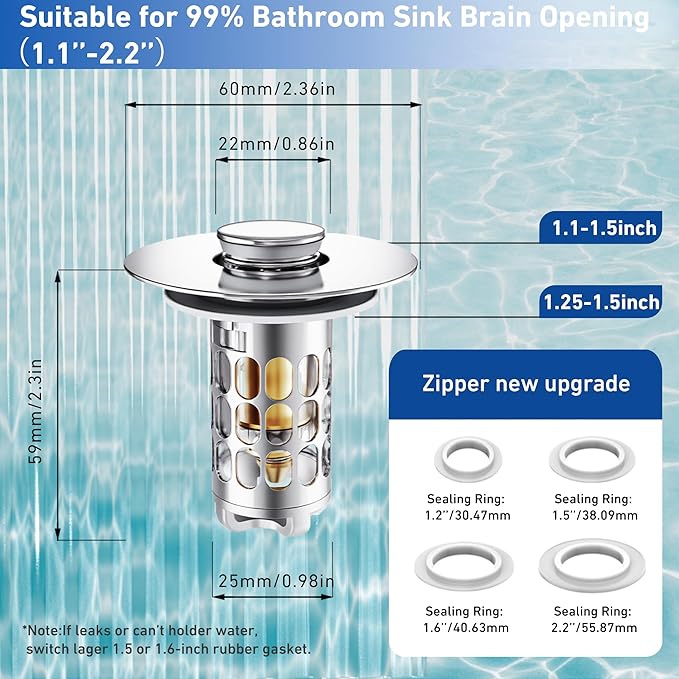 3 in 1 Bathroom Sink Stopper, Pop-up Bathroom Sink Drain Strainer with Removable Brass Basket Catcher, Easy to Clean Drain Catcher, Universal Sink Plug for 1.1 to 1.6in Drain Hole (2 Pack, Silver)