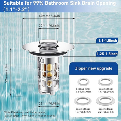 3 in 1 Bathroom Sink Stopper, Pop-up Bathroom Sink Drain Strainer with Removable Brass Basket Catcher, Easy to Clean Drain Catcher, Universal Sink Plug for 1.1 to 1.6in Drain Hole (2 Pack, Silver)