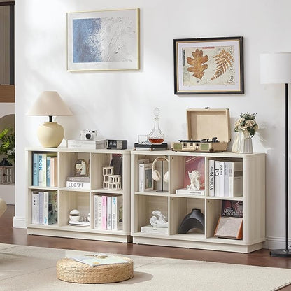 6 Cube Bookcase, 40" Wide Low Horizontal Book Shelf Curved Edge, Wood Floor Standing 2-Tier Bookshelf with Base, Modern Short Storage Cabinet Book Case for Bedroom,Office, Grey-White Cream Oak