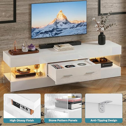 Bestier TV Stand for 55/60/65 Inch TV, High Gloss Modern TV Stand with Stone-Patterned Side Panels, LED Entertainment Center with Large Drawer, TV Consoles for Living Room, Bedroom, Glossy White