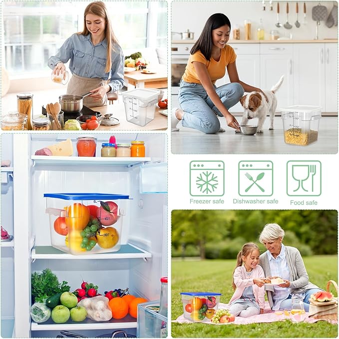 Lallisa 4 Pcs 8 Qt and 4 Qt Clear Food Storage Containers with Lids, Handles and Scales, Commercial Grade Square Containers Polycarbonate Air Tight for Home Storage Kitchen Restaurant (White, Blue)